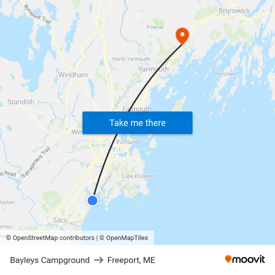 Bayleys Campground to Freeport, ME map