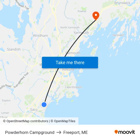 Powderhorn Campground to Freeport, ME map