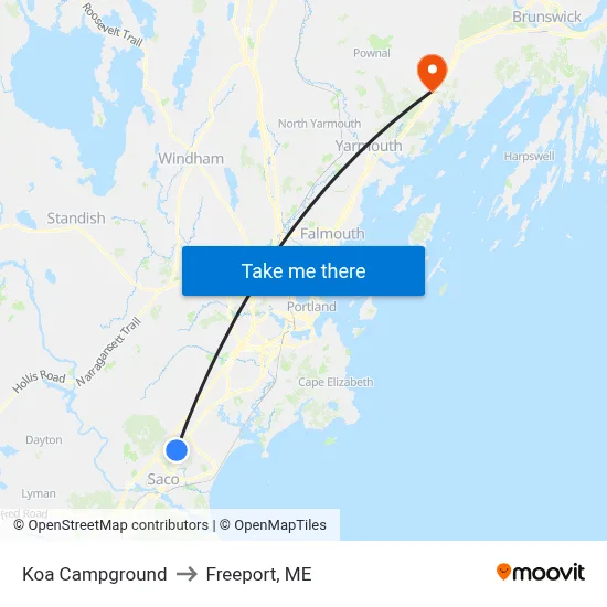 Koa Campground to Freeport, ME map