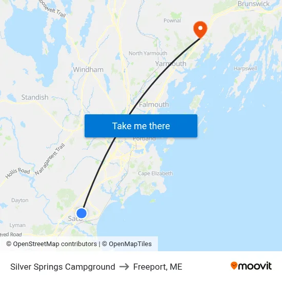 Silver Springs Campground to Freeport, ME map