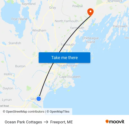 Ocean Park Cottages to Freeport, ME map