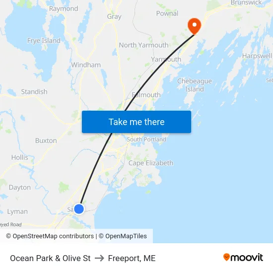 Ocean Park & Olive St to Freeport, ME map