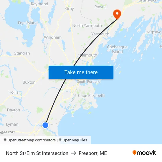 North St/Elm St Intersection to Freeport, ME map