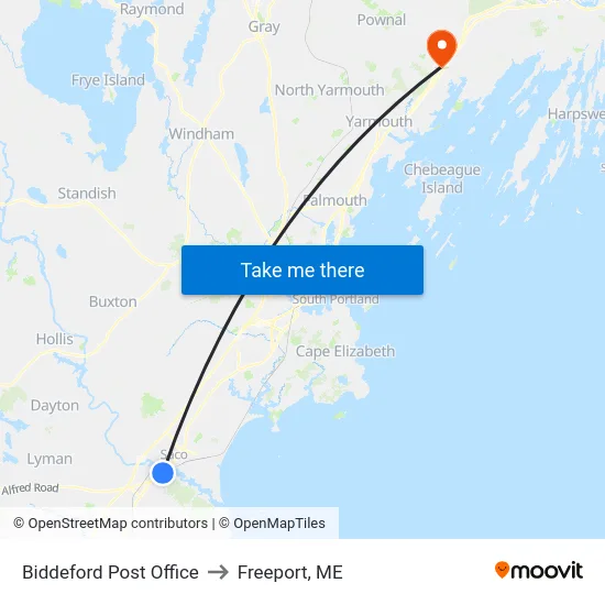 Biddeford Post Office to Freeport, ME map