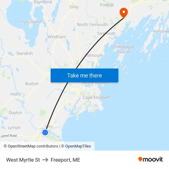West Myrtle St to Freeport, ME map