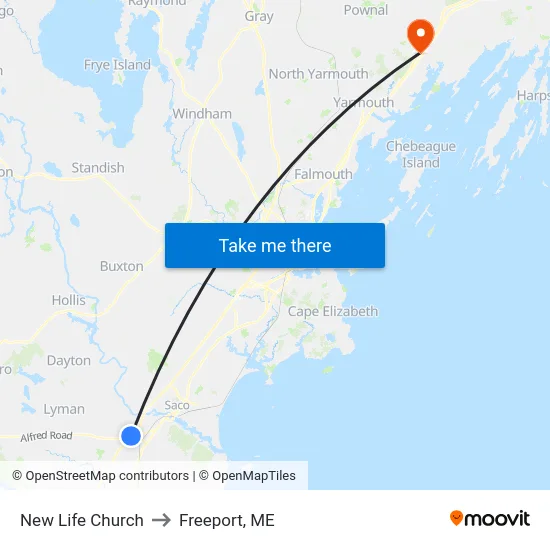 New Life Church to Freeport, ME map