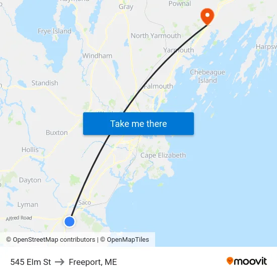 545 Elm St to Freeport, ME map
