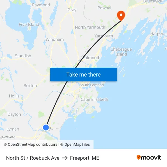 North St / Roebuck Ave to Freeport, ME map