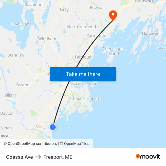 Odessa Ave to Freeport, ME map