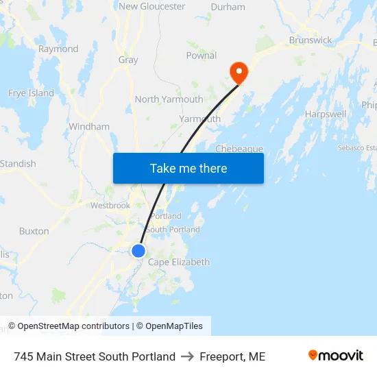 745 Main Street South Portland to Freeport, ME map