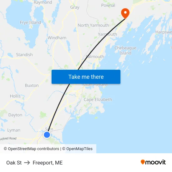 Oak St to Freeport, ME map