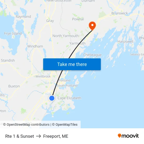Rte 1 & Sunset to Freeport, ME map