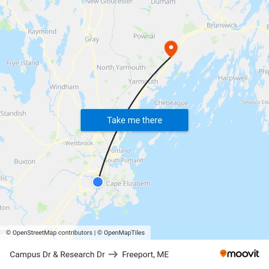 Campus Dr & Research Dr to Freeport, ME map