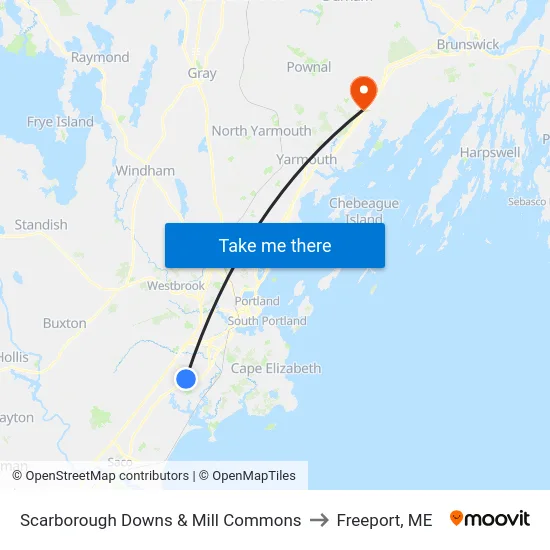 Scarborough Downs & Mill Commons to Freeport, ME map