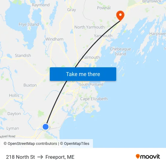 218 North St to Freeport, ME map