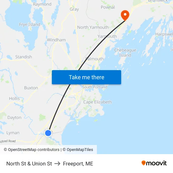 North St & Union St to Freeport, ME map