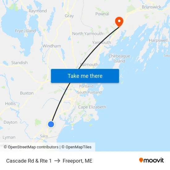 Cascade Rd & Rte 1 to Freeport, ME map