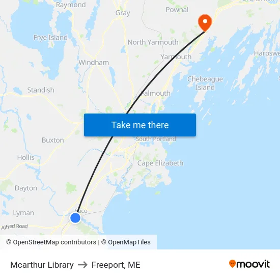 Mcarthur Library to Freeport, ME map