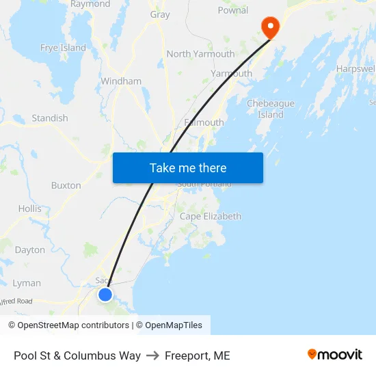 Pool St & Columbus Way to Freeport, ME map