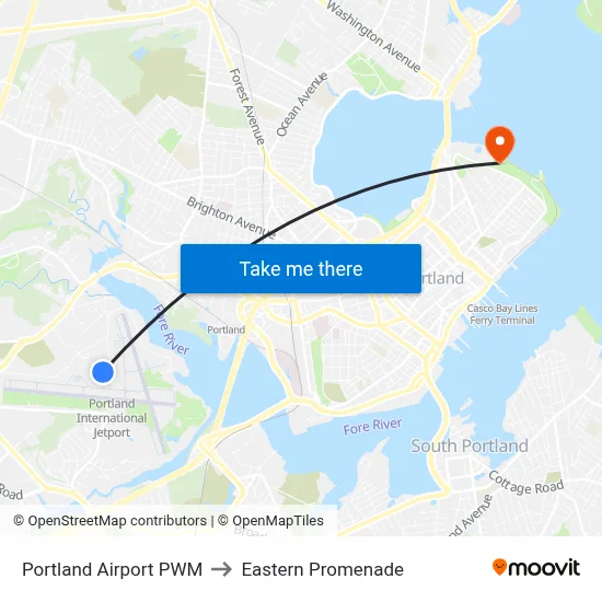 Portland Airport PWM to Eastern Promenade map