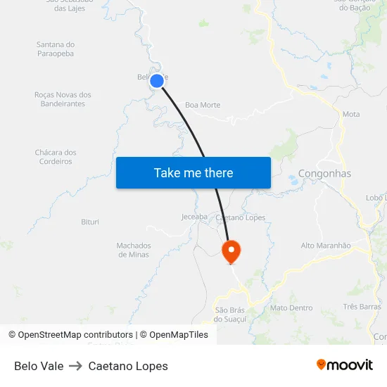 Belo Vale to Caetano Lopes map