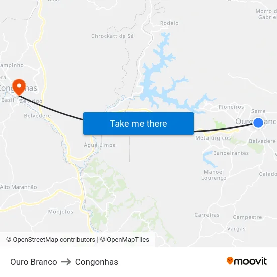 Ouro Branco to Congonhas map