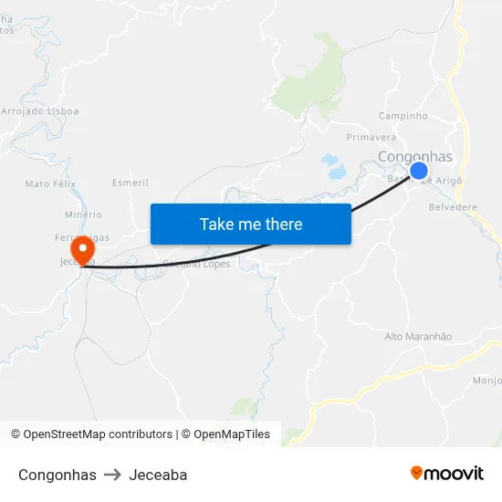Congonhas to Jeceaba map