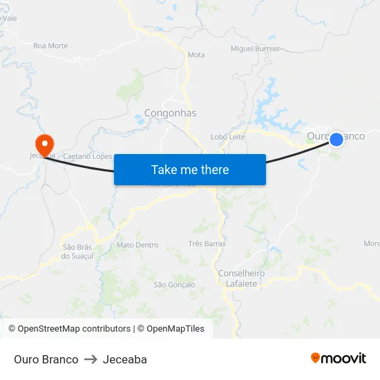 Ouro Branco to Jeceaba map