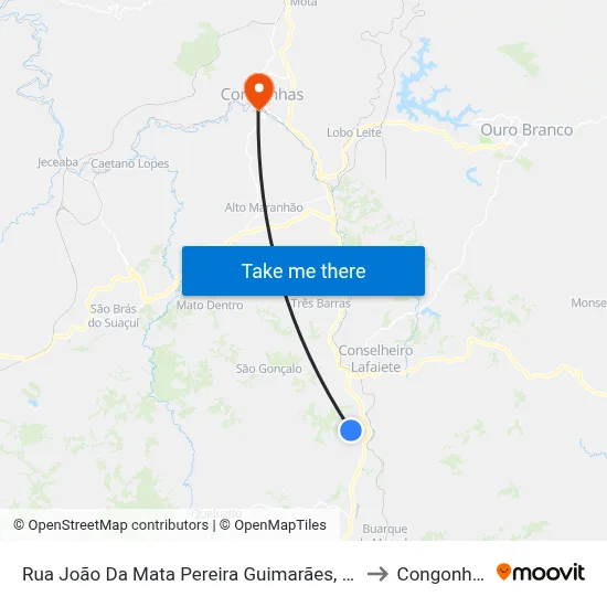 Rua João Da Mata Pereira Guimarães, 157 to Congonhas map