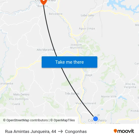 Rua Amintas Junqueira, 44 to Congonhas map