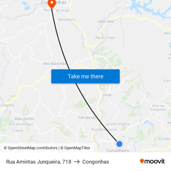 Rua Amintas Junqueira, 718 to Congonhas map