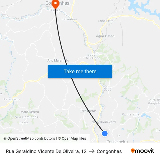 Rua Geraldino Vicente De Oliveira, 12 to Congonhas map