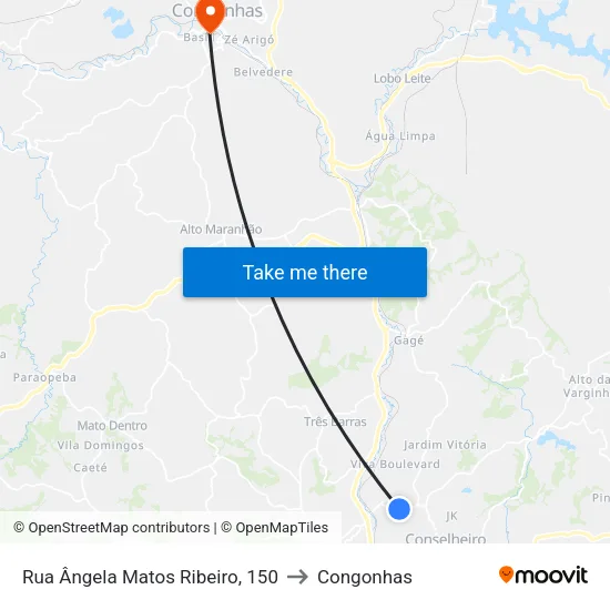 Rua Ângela Matos Ribeiro, 150 to Congonhas map