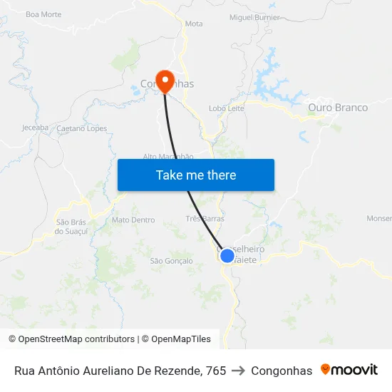 Rua Antônio Aureliano De Rezende, 765 to Congonhas map