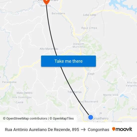 Rua Antônio Aureliano De Rezende, 895 to Congonhas map