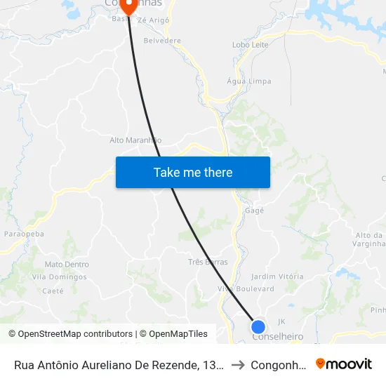 Rua Antônio Aureliano De Rezende, 1329 to Congonhas map