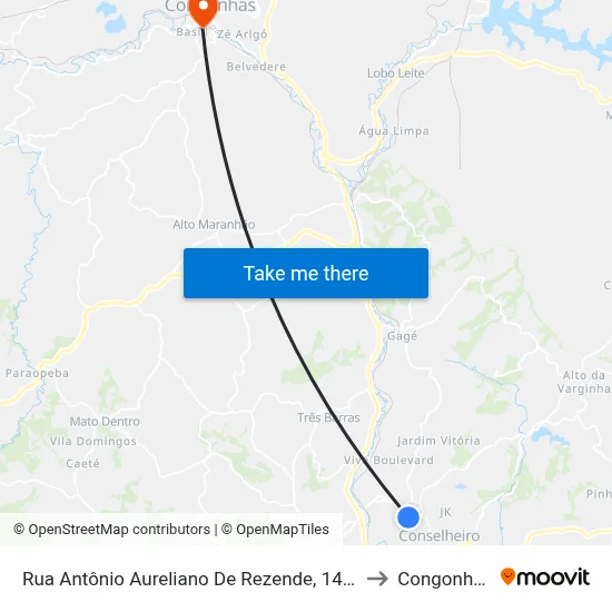 Rua Antônio Aureliano De Rezende, 1410 to Congonhas map