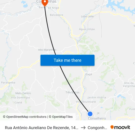 Rua Antônio Aureliano De Rezende, 1443 to Congonhas map