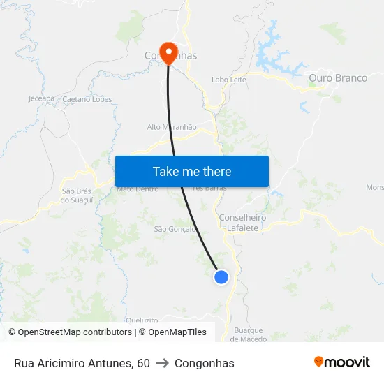 Rua Aricimiro Antunes, 60 to Congonhas map