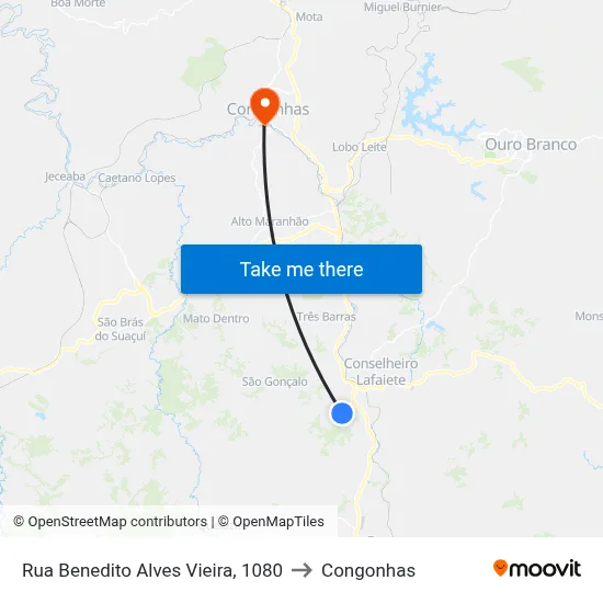 Rua Benedito Alves Vieira, 1080 to Congonhas map
