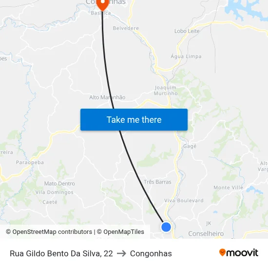 Rua Gildo Bento Da Silva, 22 to Congonhas map