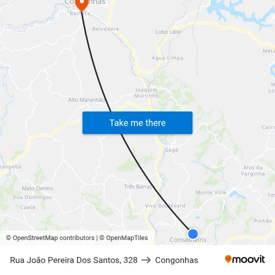 Rua João Pereira Dos Santos, 328 to Congonhas map