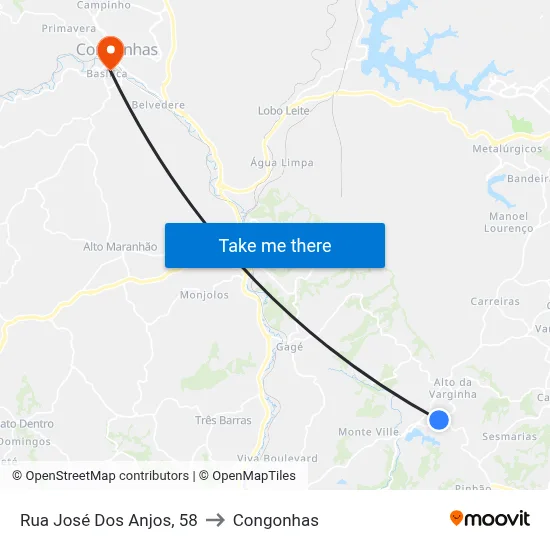 Rua José Dos Anjos, 58 to Congonhas map
