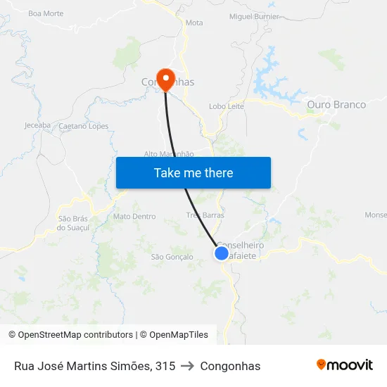 Rua José Martins Simões, 315 to Congonhas map