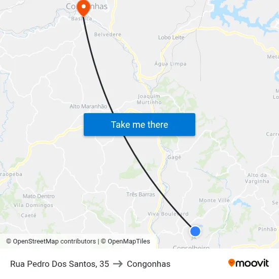 Rua Pedro Dos Santos, 35 to Congonhas map