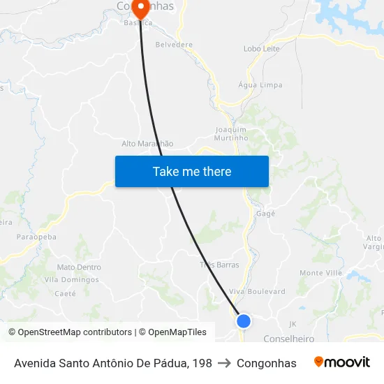 Avenida Santo Antônio De Pádua, 198 to Congonhas map