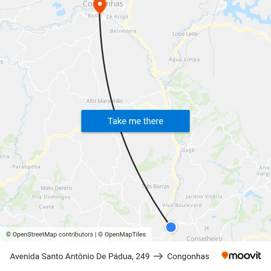 Avenida Santo Antônio De Pádua, 249 to Congonhas map