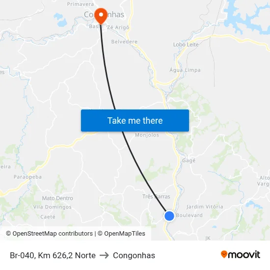 Br-040, Km 626,2 Norte to Congonhas map