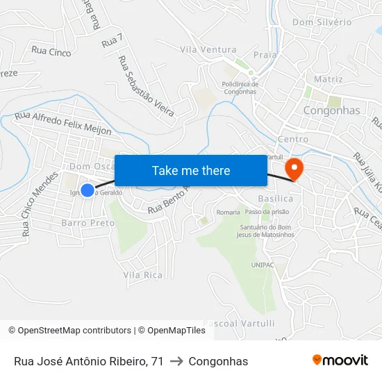 Rua José Antônio Ribeiro, 71 to Congonhas map