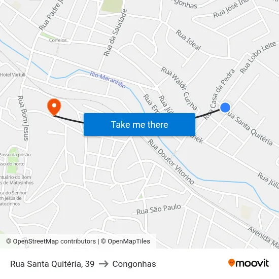 Rua Santa Quitéria, 39 to Congonhas map